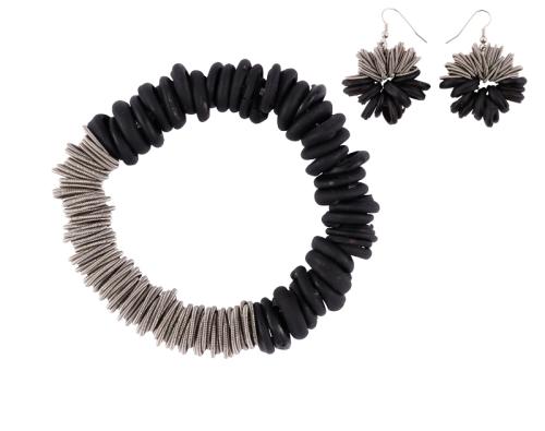 Armband und Ohrhänger aus Edelstahl und Muranoglas, schwarz