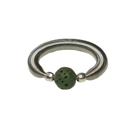 Edelstahlring mit Lavastein und Silberperlen, khaki