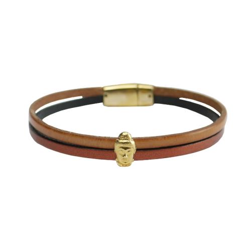 Lederarmband mit vergoldetem Buddha, natur-kupfer