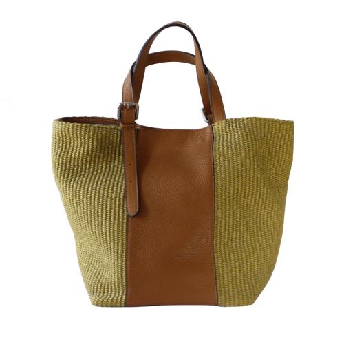 Handtasche aus Leder und Bastk, olive-cognac