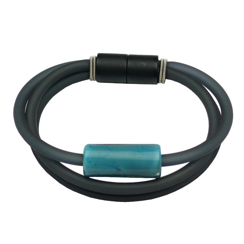 Armband aus Kautschuk mit Muranoglasröhrchen, grau-petrol