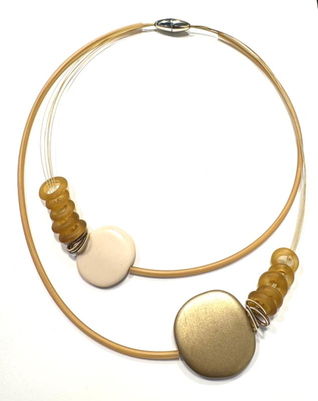 Kurze Kette mit Kautschuk, Muranoglas und Kunstharz, gelb - gold/creme