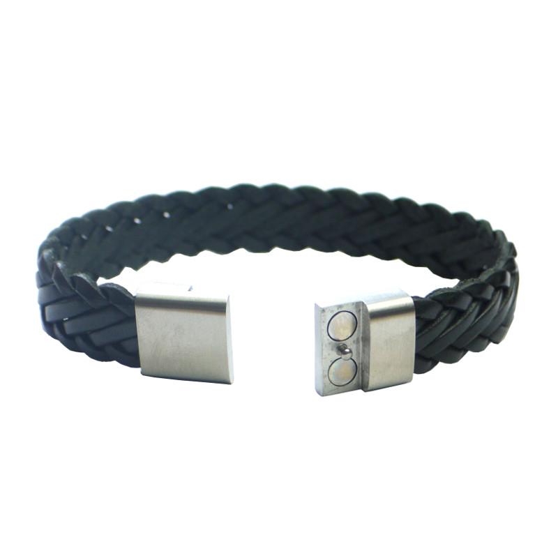 Herrenlederarmband mit Edelstahlverschluss, schwarz