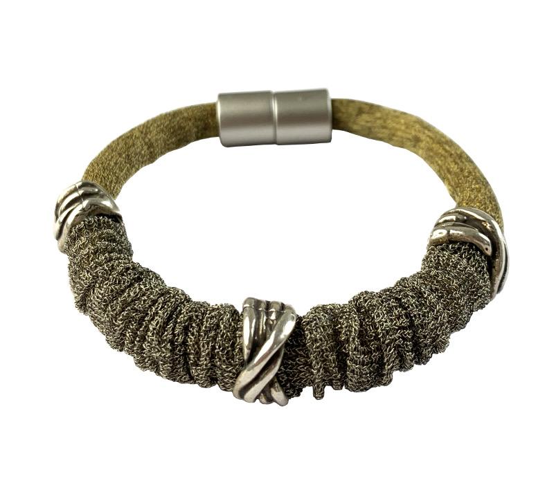 Viskose-Perlon-Armband mit drei Elementen, goldgelb-taupe