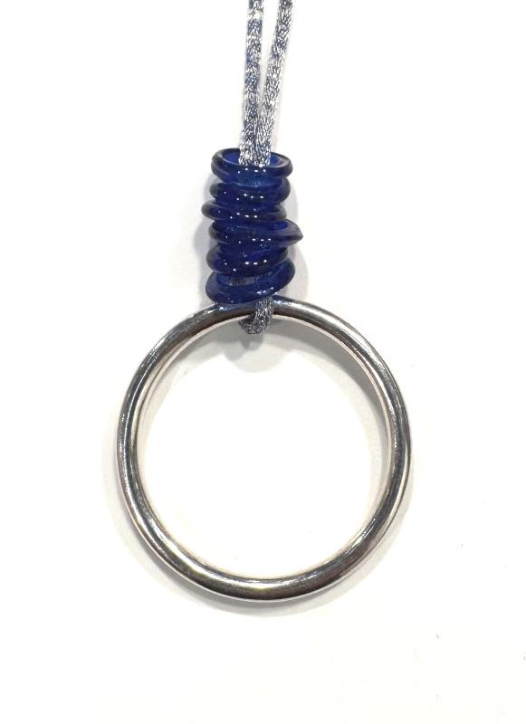 Perlon-Metall-Kette mit Muranoglasringen und Ring aus ZAMAK, hellblau-blau