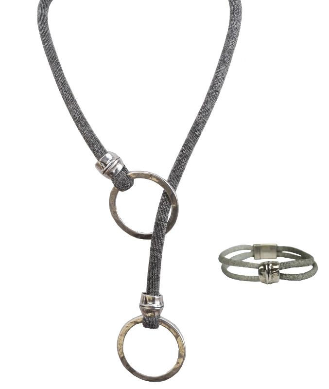 Kette und Armband aus Viskose, stahl-silbergrau